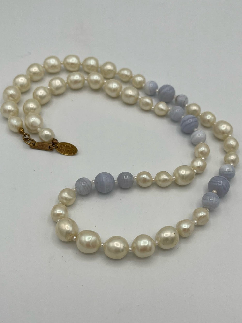 Signed Miriam Haskell 1960s Pearl & Blue Glass Necklace and Bracelet Vintage Set - Picture 3 of 5